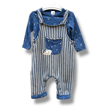Load image into Gallery viewer, Starry Blue Striped Baby Romper with Dungaree Style