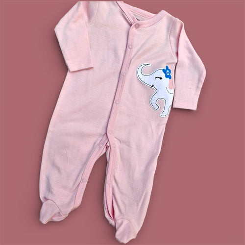 Pink baby onesie with a cartoon elephant on a pink background