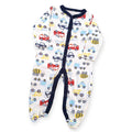 Baby onesie with vehicle pattern on a white background