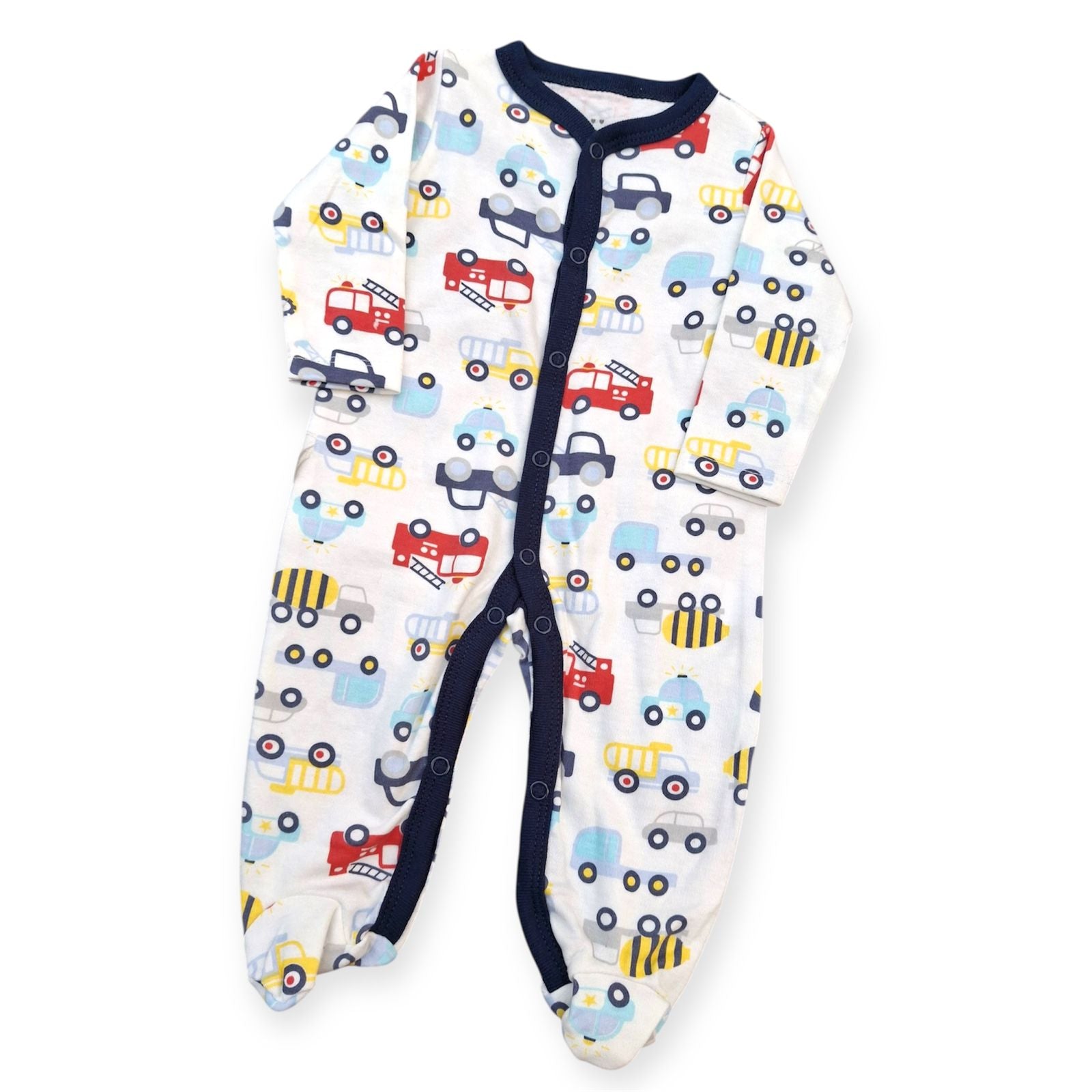 Baby onesie with vehicle pattern on a white background