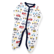 Load image into Gallery viewer, Baby onesie with vehicle pattern on a white background
