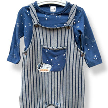 Load image into Gallery viewer, Starry Blue Striped Baby Romper with Dungaree Style
