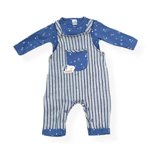 Load image into Gallery viewer, Starry Blue Striped Baby Romper with Dungaree Style
