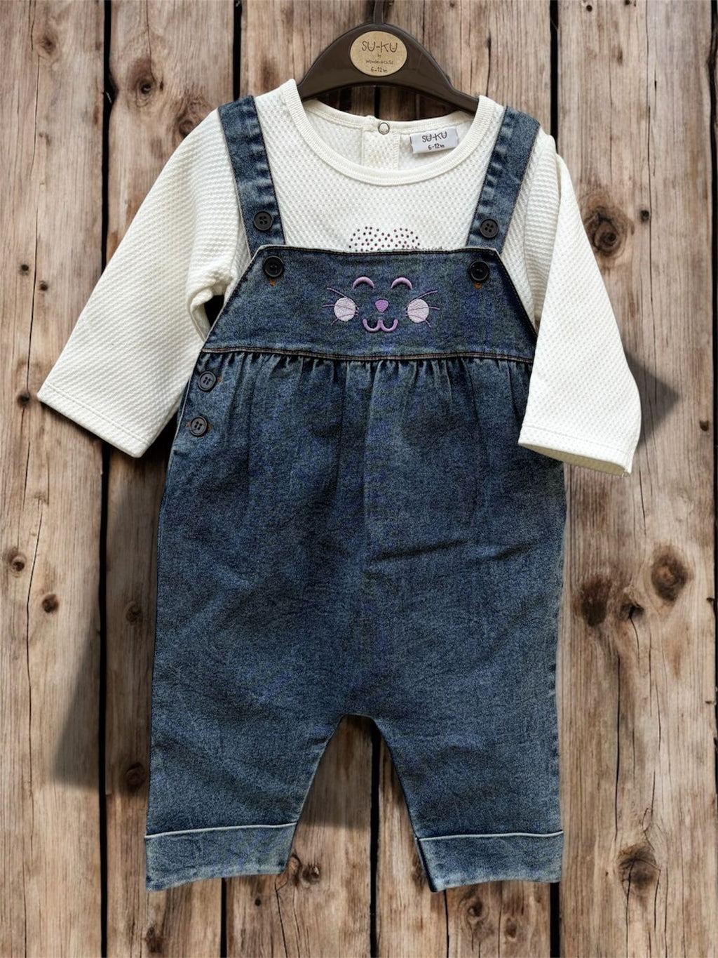 Cute Kitty Denim Dungaree Romper Set