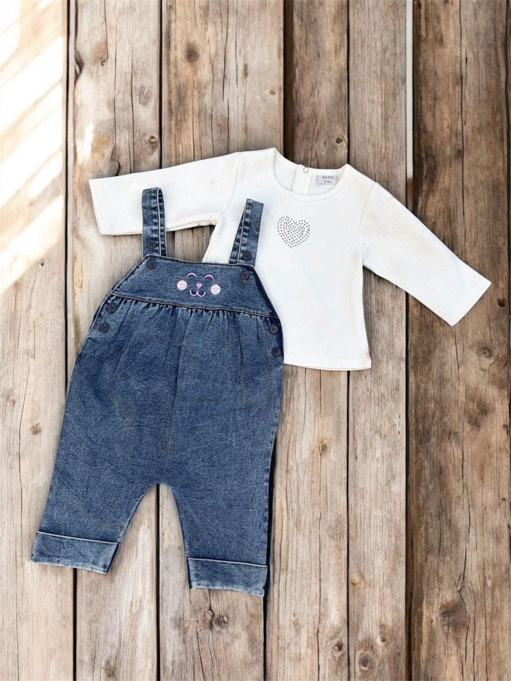 Cute Kitty Denim Dungaree Romper Set
