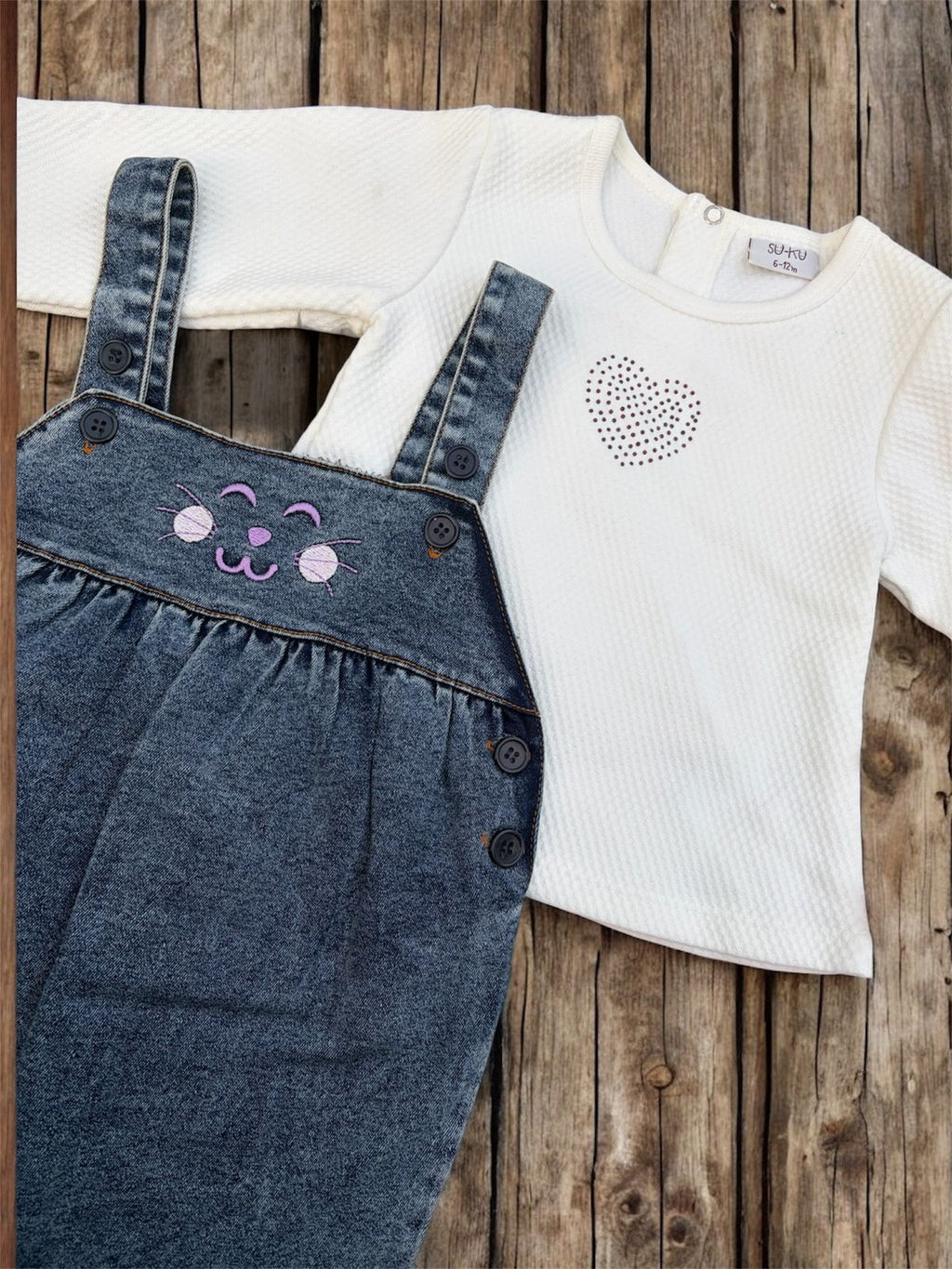 Cute Kitty Denim Dungaree Romper Set