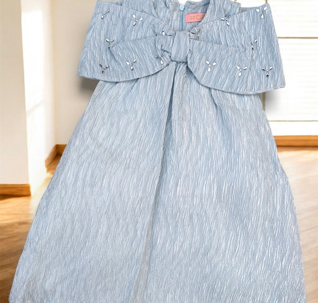 Sky Blue Textured Bow Cape Dress