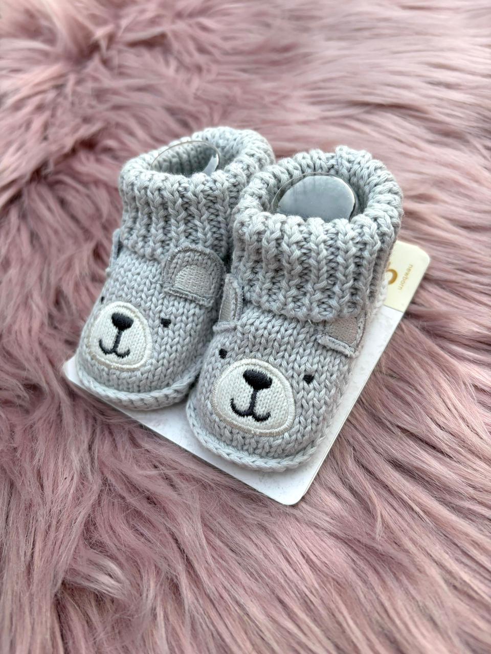 Grey Bear Knit Baby Booties
